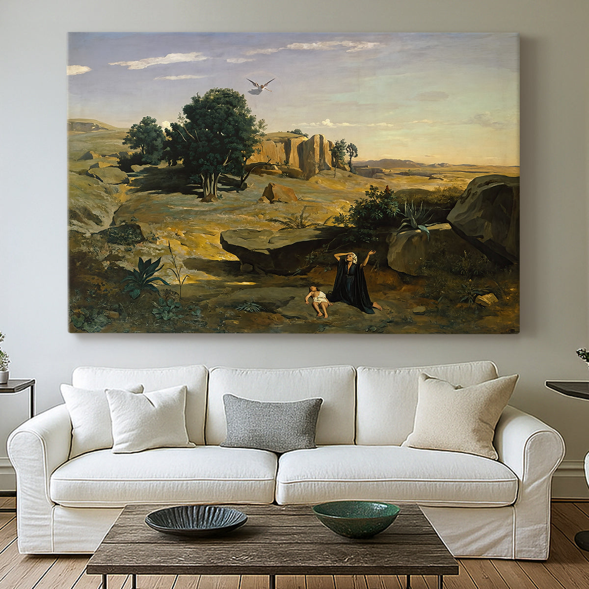 Canvas art print detailing a subdued composition combining figure and wilderness, centered above a sofa as a large focal wall piece