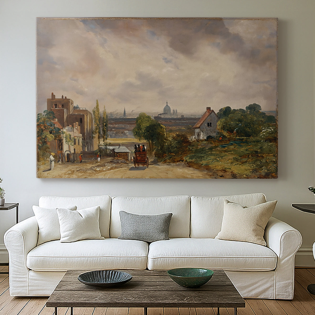 Canvas art print detailing an architectural landscape featuring home, centered above a sofa as a large focal wall piece