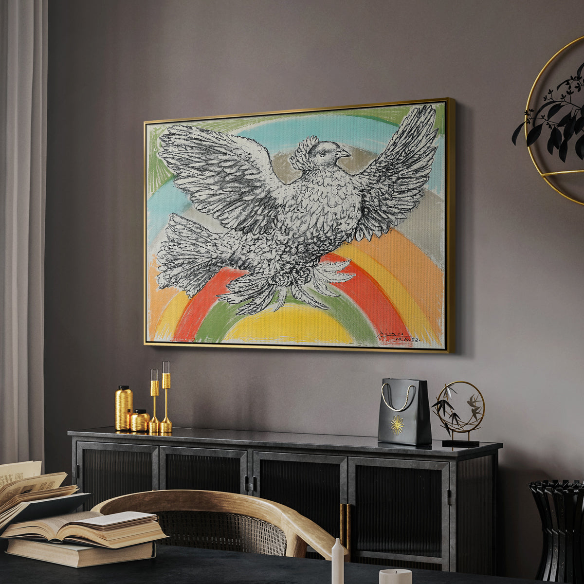 Flying Dove with Rainbow (Colombe volant à l'Arc-en-ciel), 1952 - Floater Framed Canvas Print