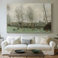 Canvas art print detailing a tranquil outdoor scene with washerwomen and foliage, centered above a sofa as a large focal wall piece