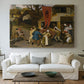 Canvas art print detailing a traditional celebration in rural scene, centered above a sofa as a large focal wall piece