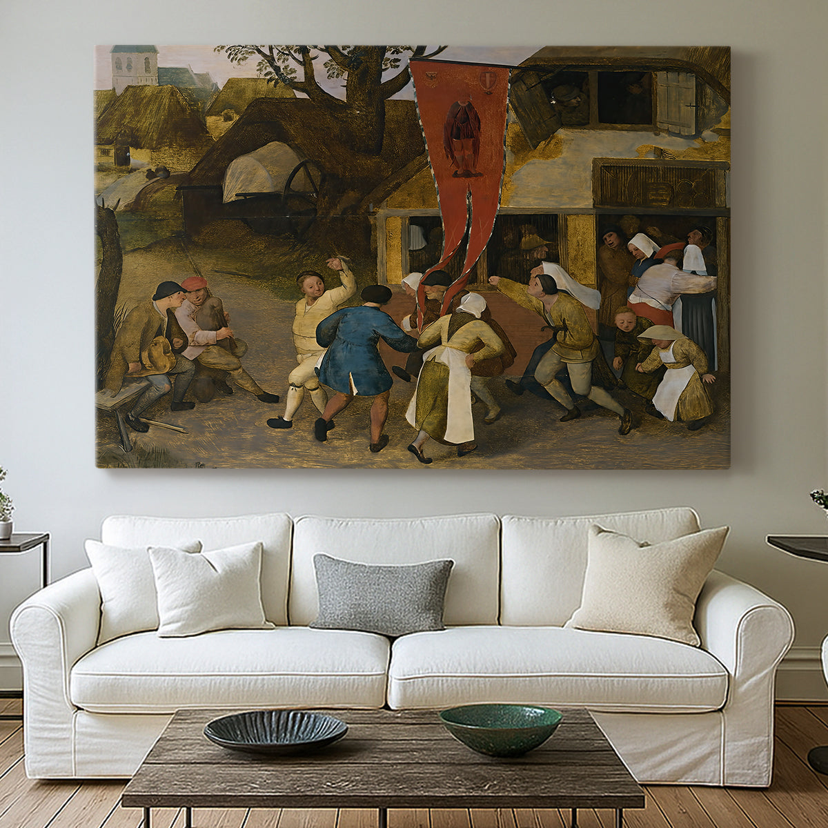 Canvas art print detailing a traditional celebration in rural scene, centered above a sofa as a large focal wall piece