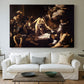 Canvas art print detailing a Baroque composition of movement and emotion during martyrdom, centered above a sofa as a large focal wall piece