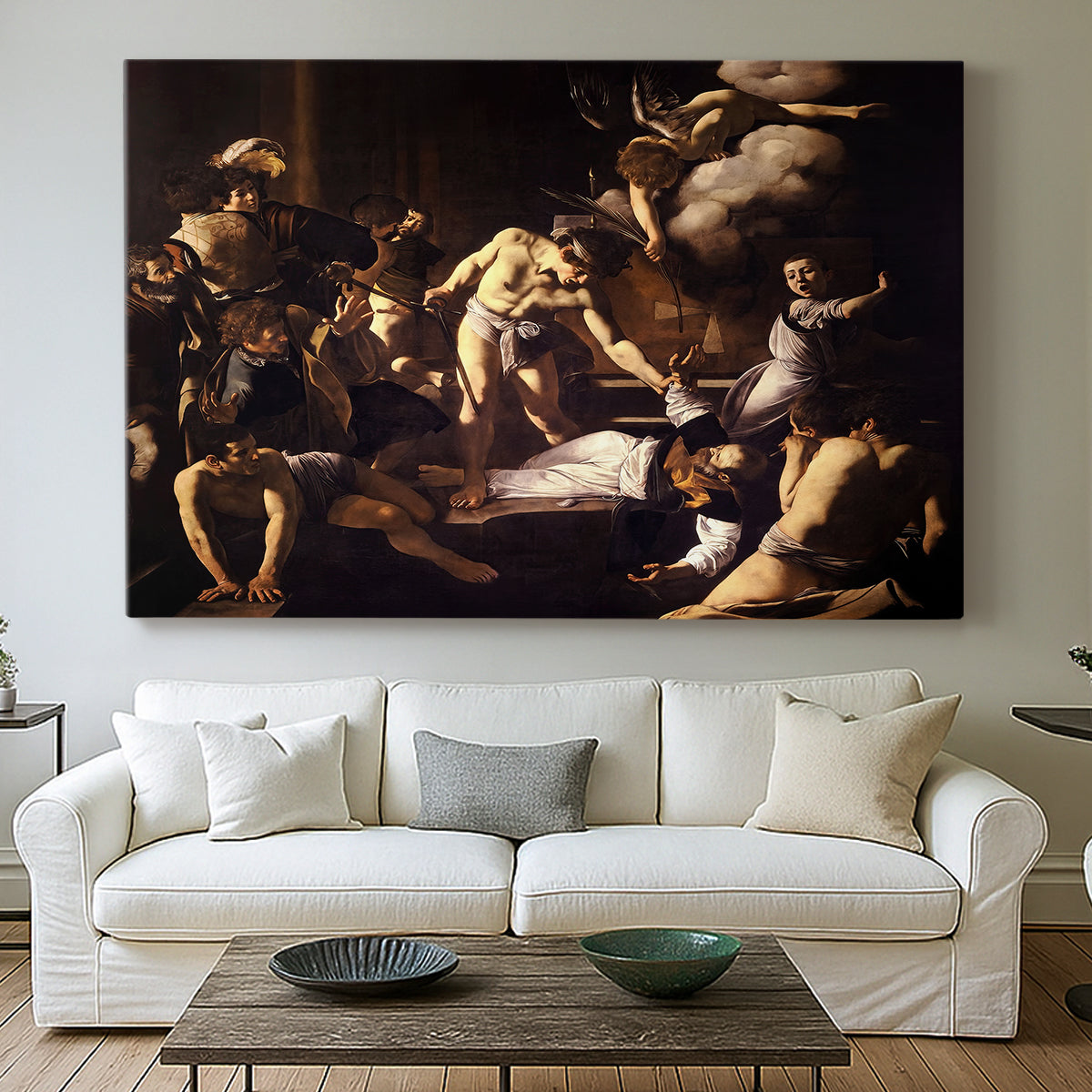 Canvas art print detailing a Baroque composition of movement and emotion during martyrdom, centered above a sofa as a large focal wall piece