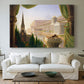 Canvas art print detailing a romantic architectural landscape with layered design, centered above a sofa as a large focal wall piece