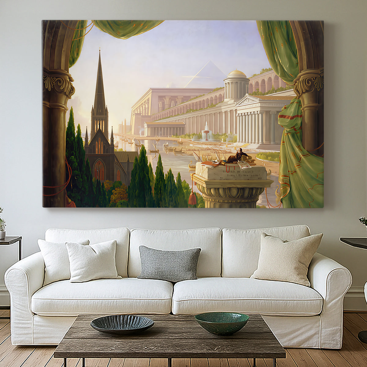 Canvas art print detailing a romantic architectural landscape with layered design, centered above a sofa as a large focal wall piece
