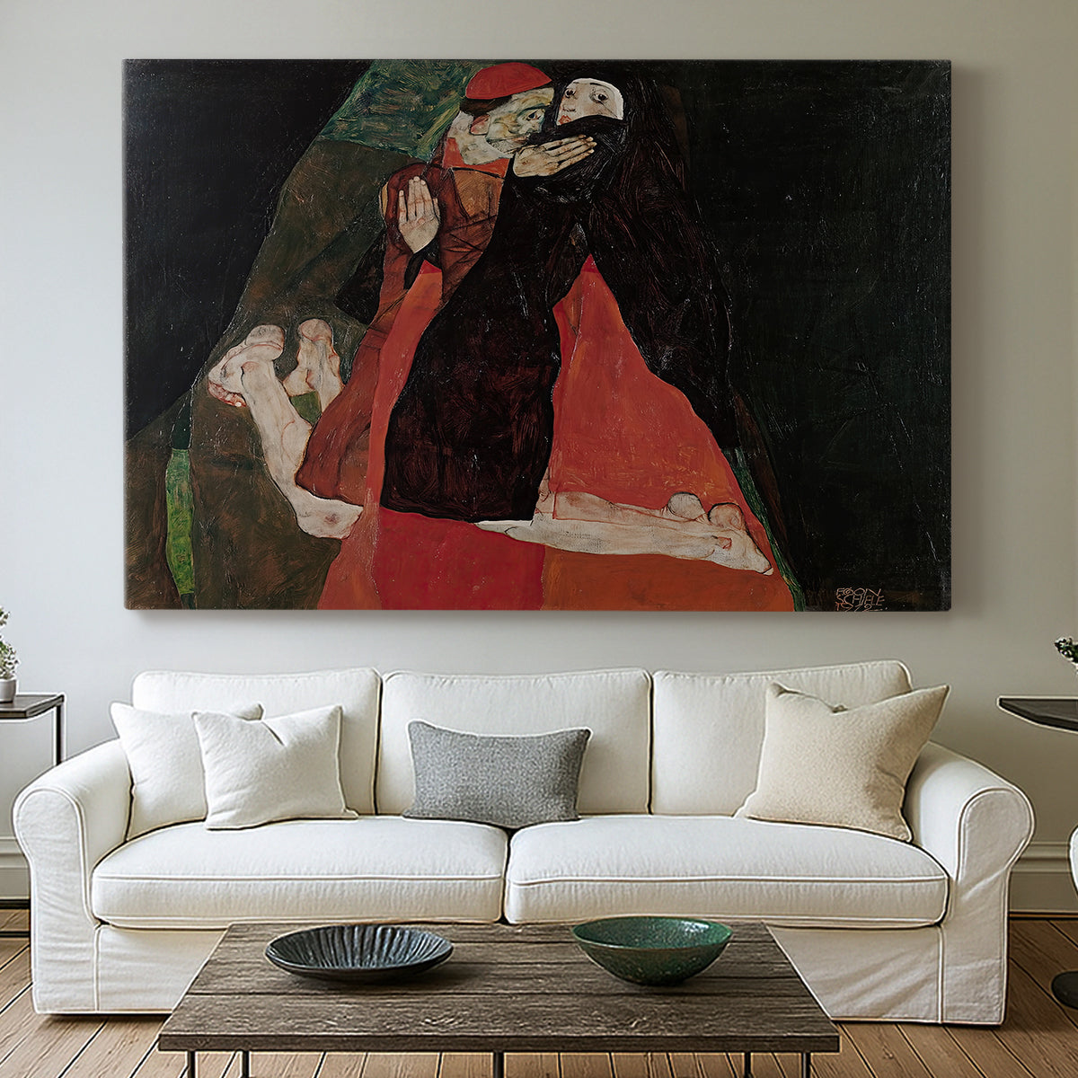 Canvas art print detailing an intimate scene with religious figures in modernist style, centered above a sofa as a large focal wall piece