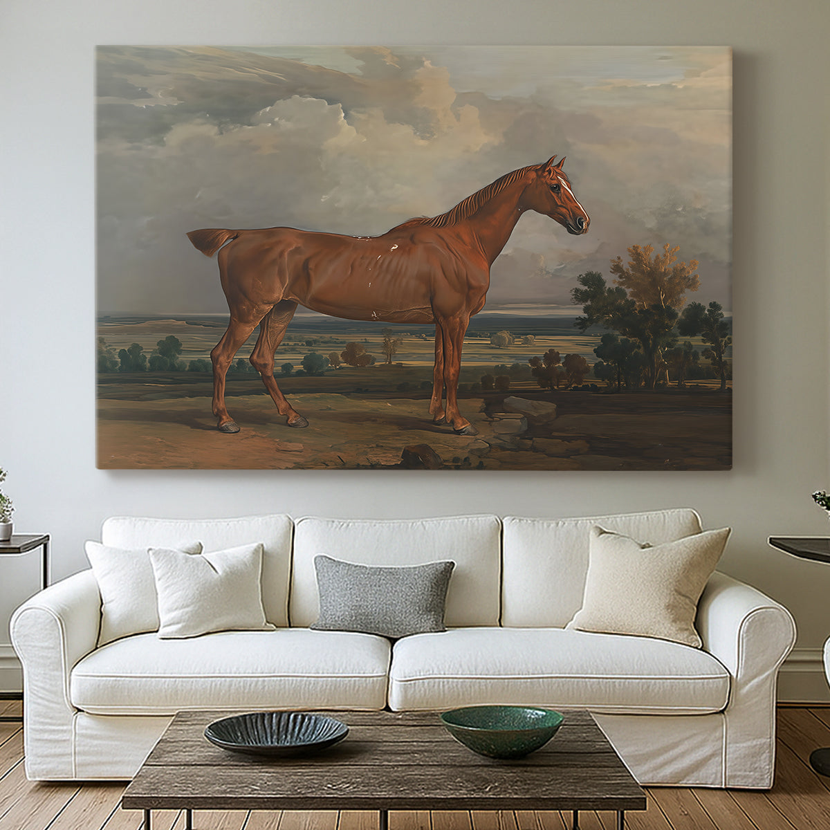 Canvas art print detailing a countryside composition with horse and rider, centered above a sofa as a large focal wall piece