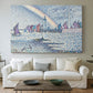 Canvas art print detailing a maritime composition with boats and port architecture, centered above a sofa as a large focal wall piece