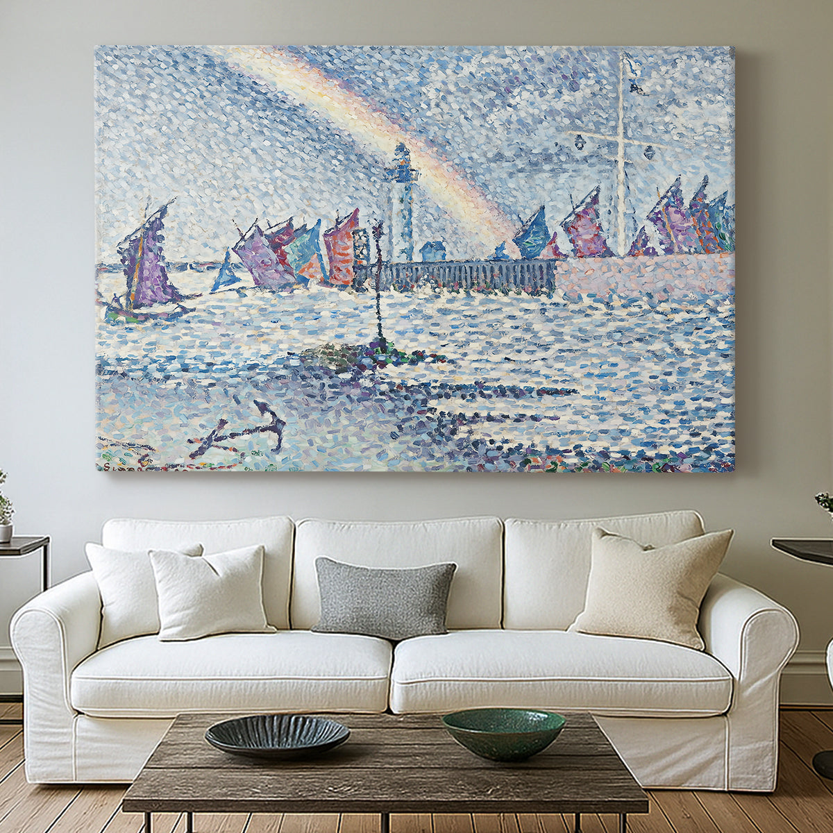 Canvas art print detailing a maritime composition with boats and port architecture, centered above a sofa as a large focal wall piece