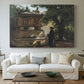 Canvas art print detailing a contemplative moment with figure in sacred environment, centered above a sofa as a large focal wall piece