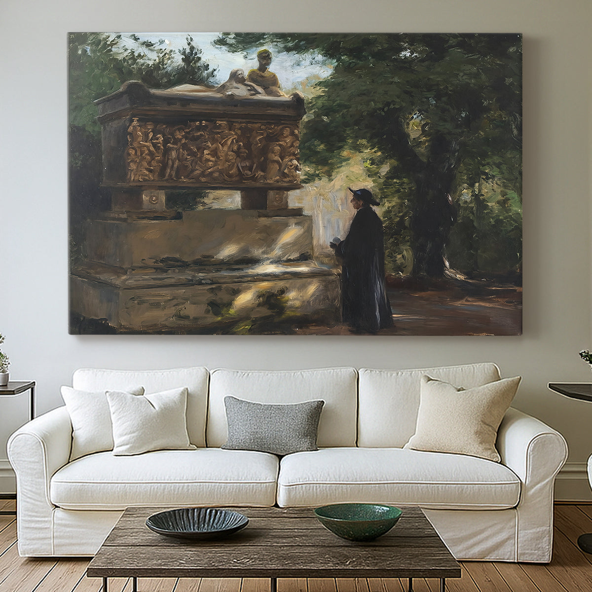 Canvas art print detailing a contemplative moment with figure in sacred environment, centered above a sofa as a large focal wall piece