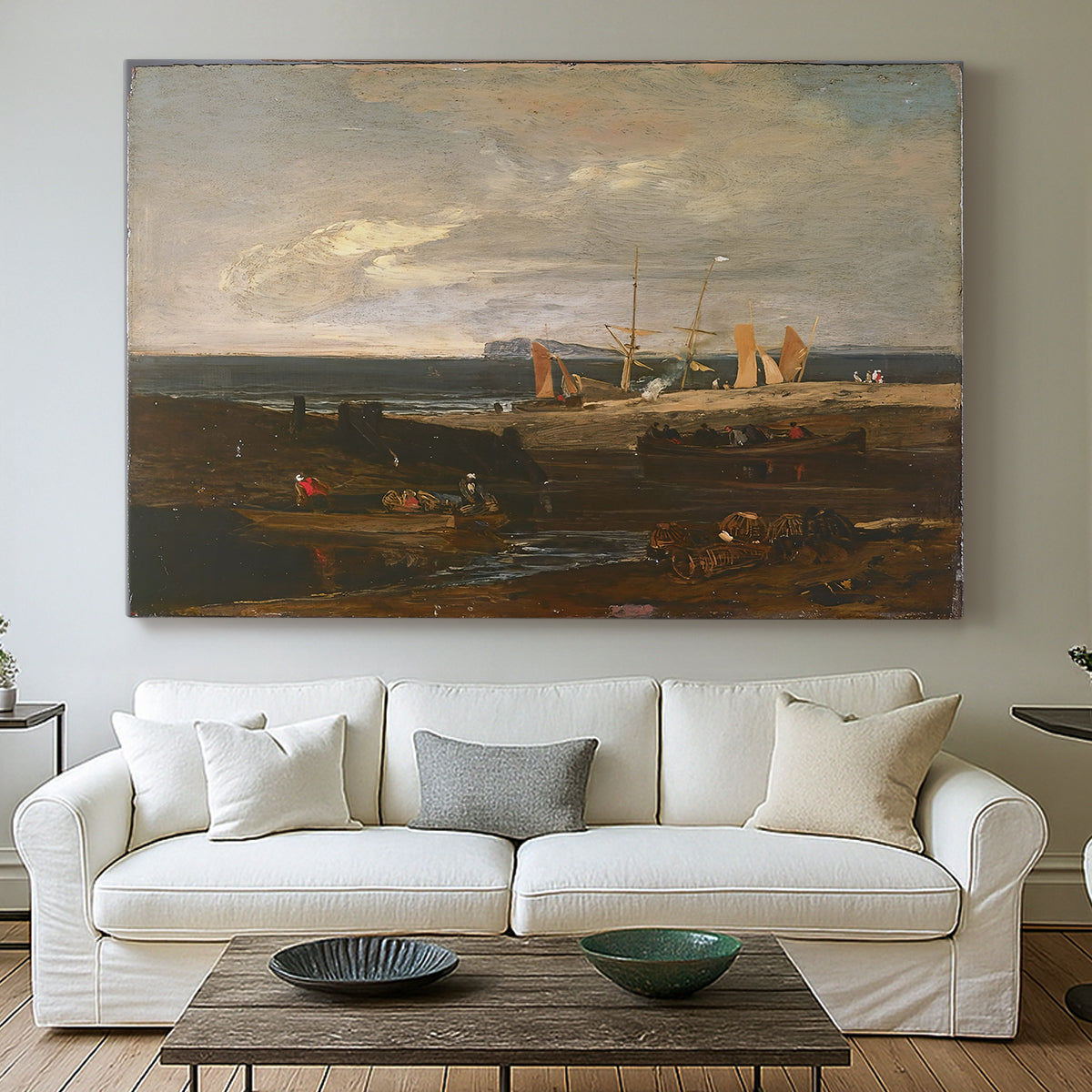 Canvas art print detailing an expressive coastal landscape, centered above a sofa as a large focal wall piece