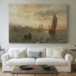 Canvas art print detailing a fjord landscape featuring water, boats, and distant hills, centered above a sofa as a large focal wall piece