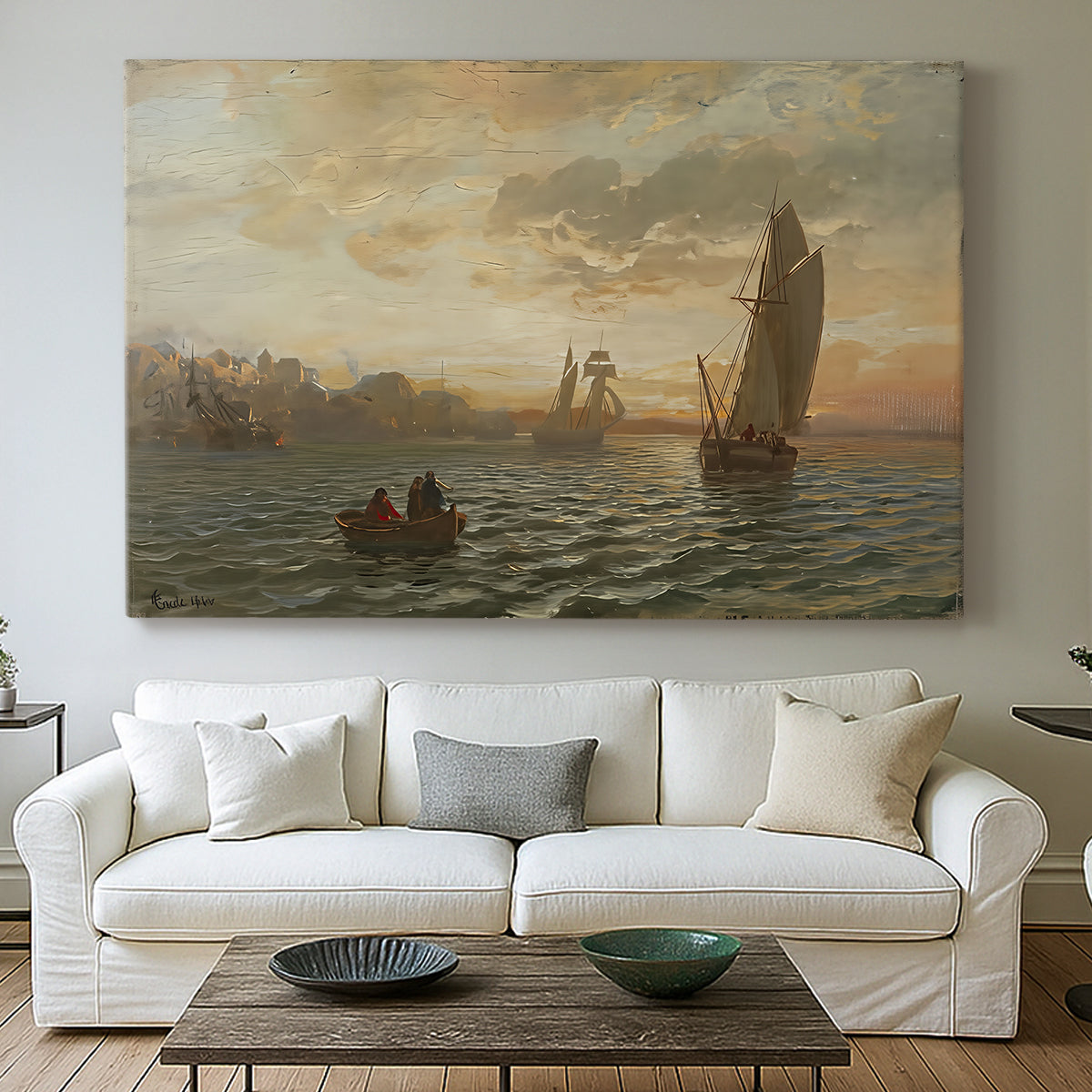 Canvas art print detailing a fjord landscape featuring water, boats, and distant hills, centered above a sofa as a large focal wall piece