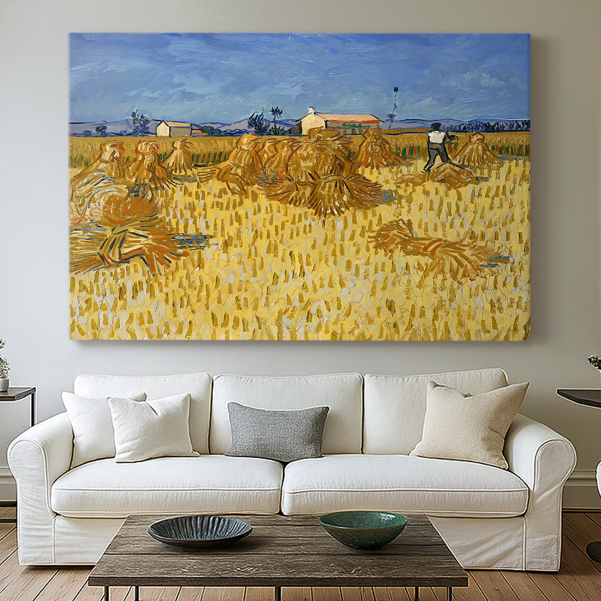 Canvas art print detailing a field composition showing harvest stage with grouped crops, centered above a sofa as a large focal wall piece