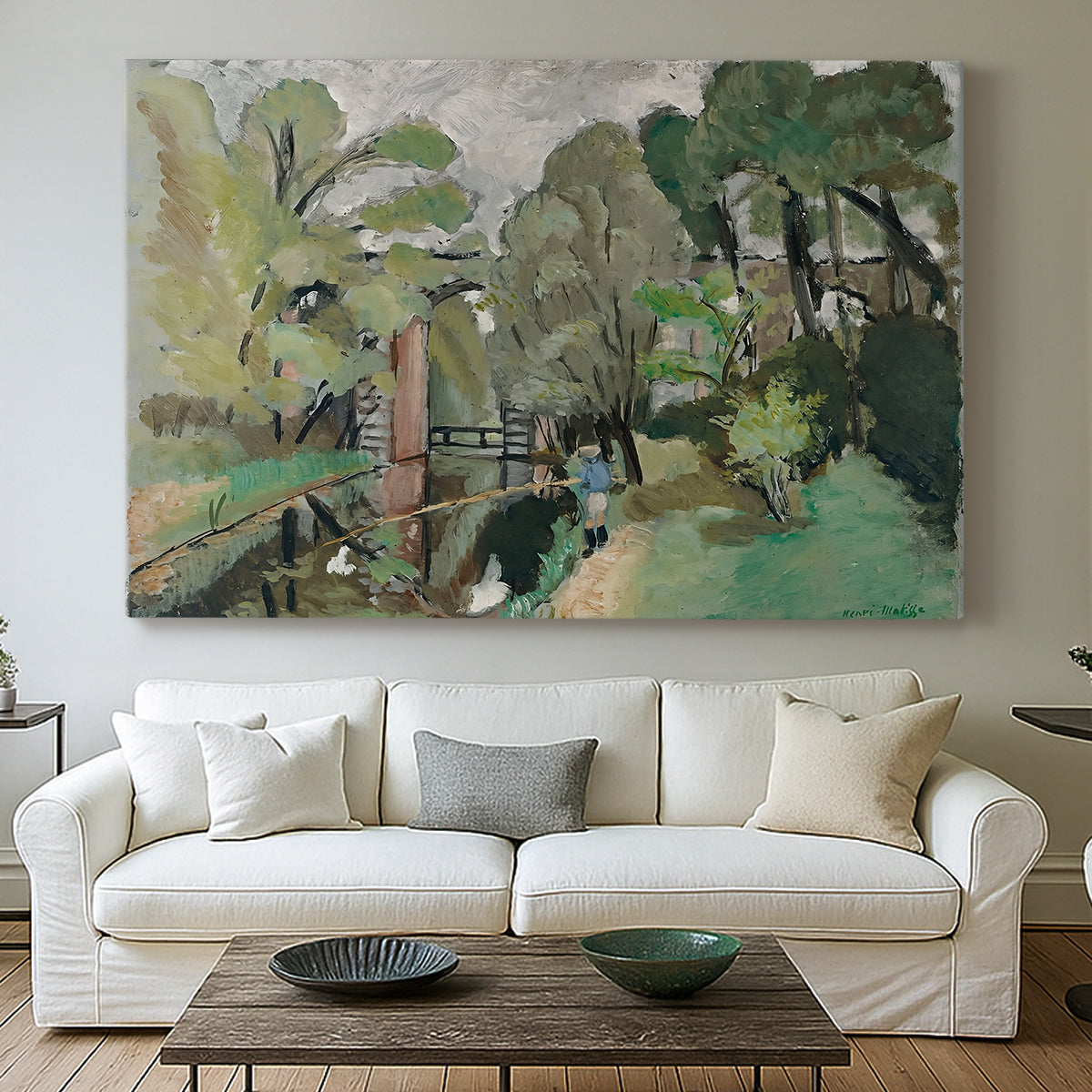Canvas art print detailing a rustic outdoor view with greenery, centered above a sofa as a large focal wall piece