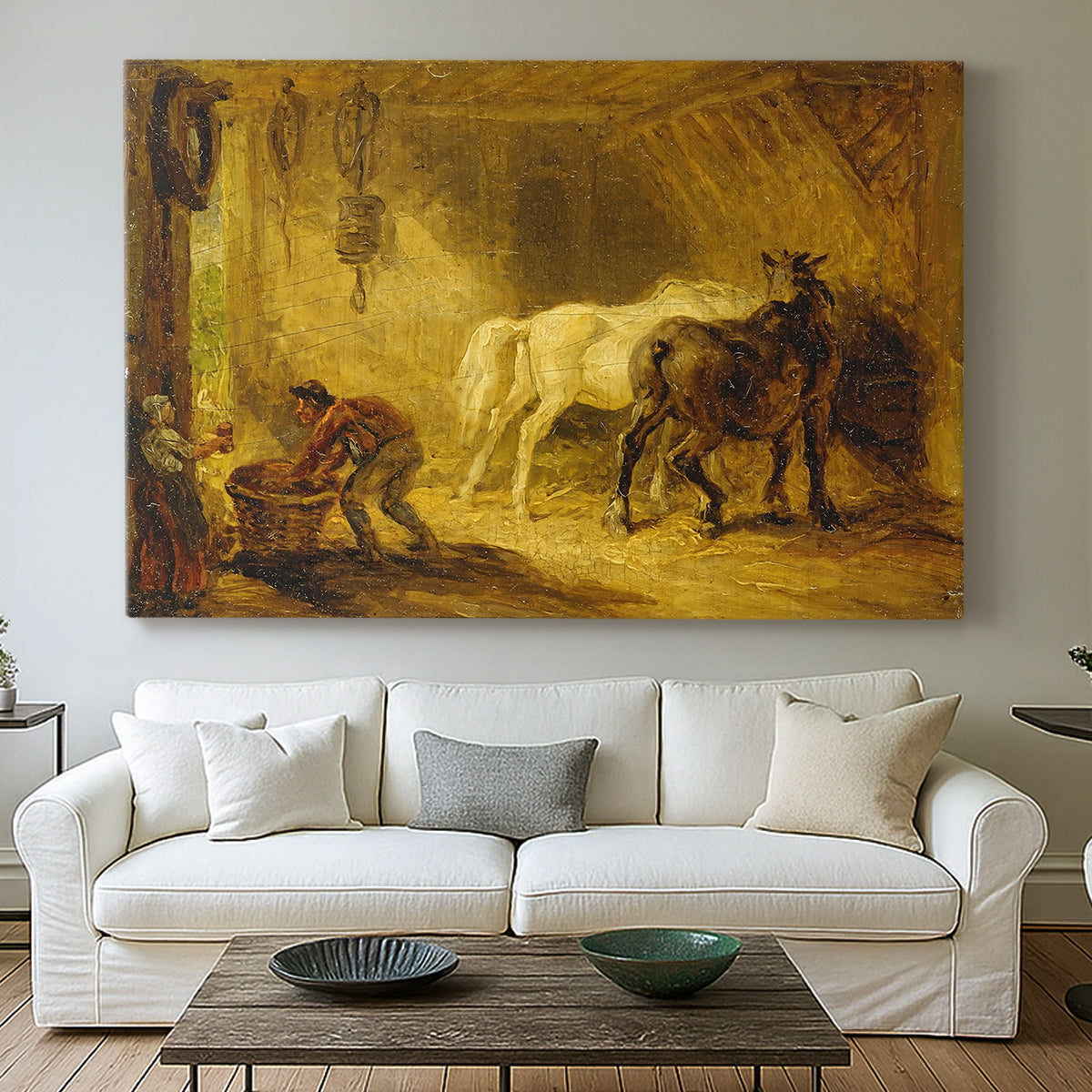 Canvas art print detailing an animal grouping in calm outdoor environment, centered above a sofa as a large focal wall piece