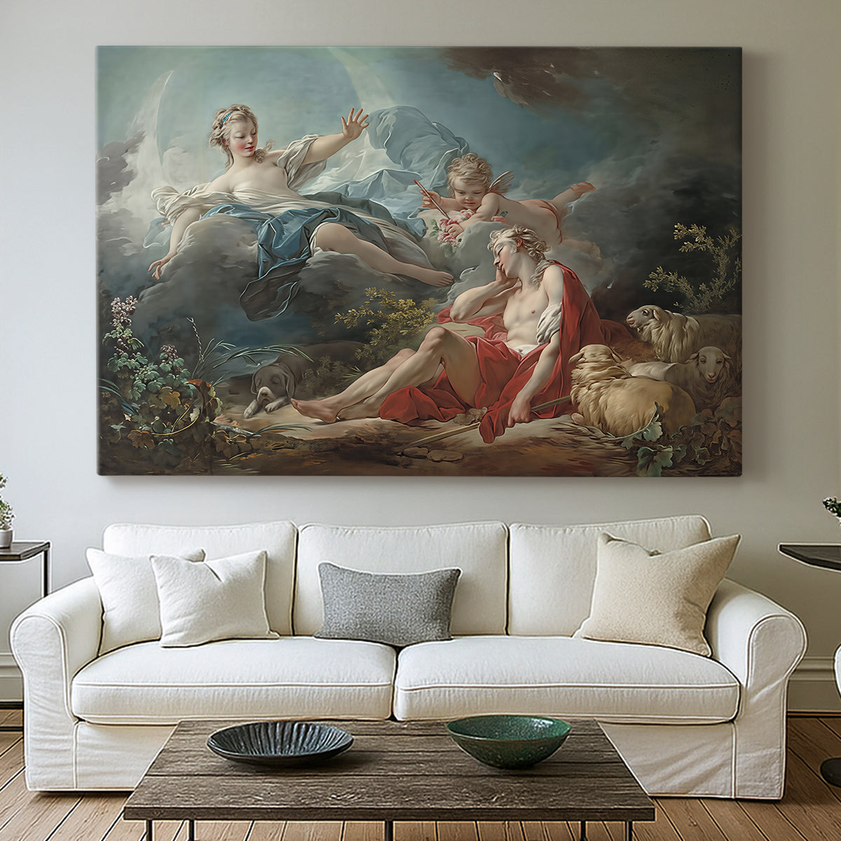 Canvas art print detailing a stylized mythological scene with reclining figure and woman, centered above a sofa as a large focal wall piece