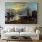 Canvas art print detailing an atmospheric harbor scene, centered above a sofa as a large focal wall piece