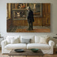 Canvas art print detailing a contemplative moment with figure in art-filled space, centered above a sofa as a large focal wall piece