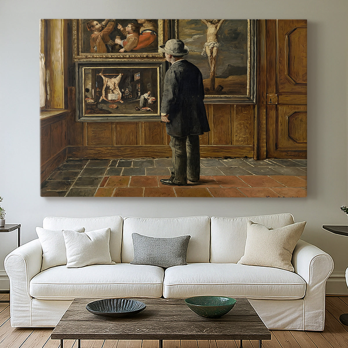 Canvas art print detailing a contemplative moment with figure in art-filled space, centered above a sofa as a large focal wall piece