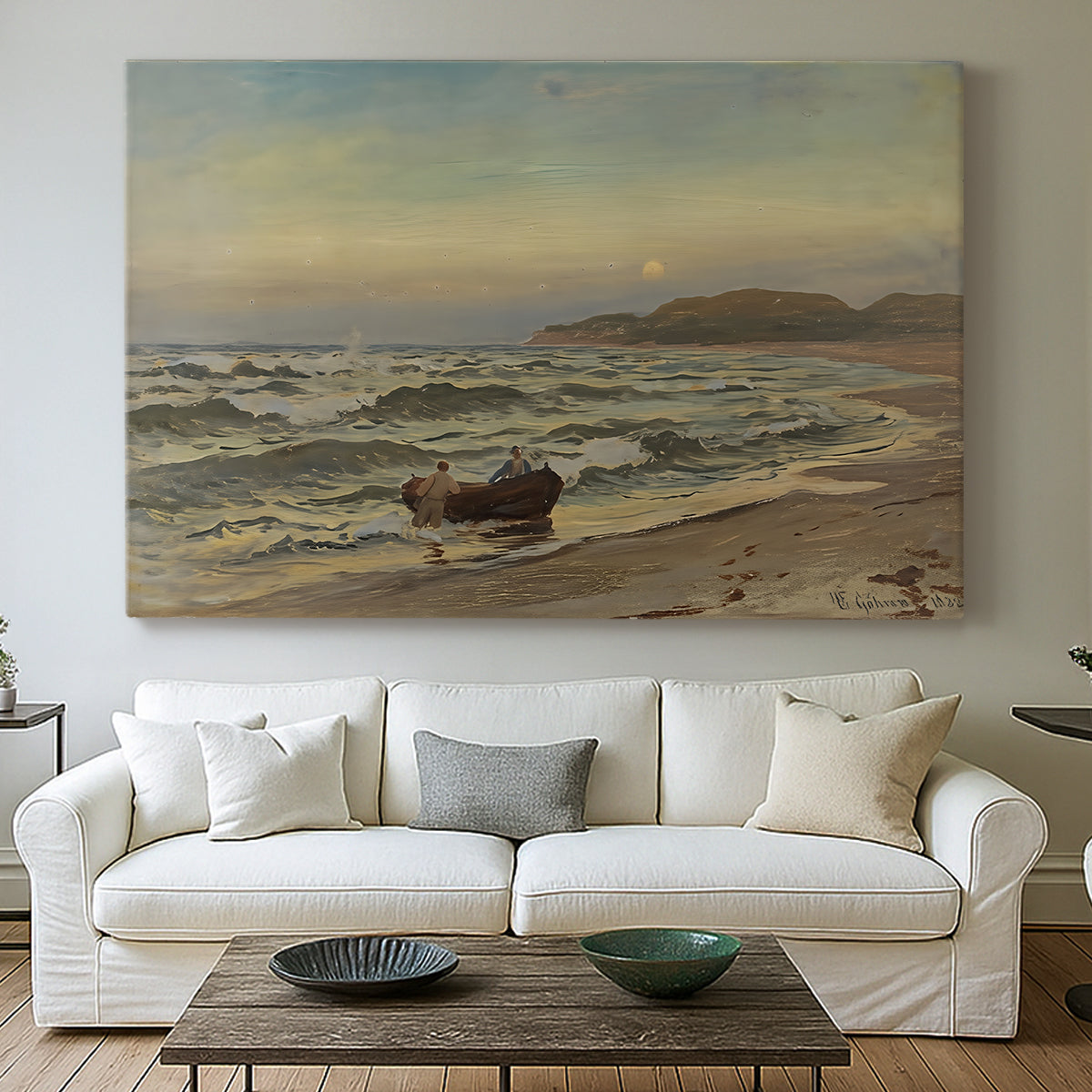 Canvas art print detailing a dramatic coastal weather scene with churning waves, centered above a sofa as a large focal wall piece