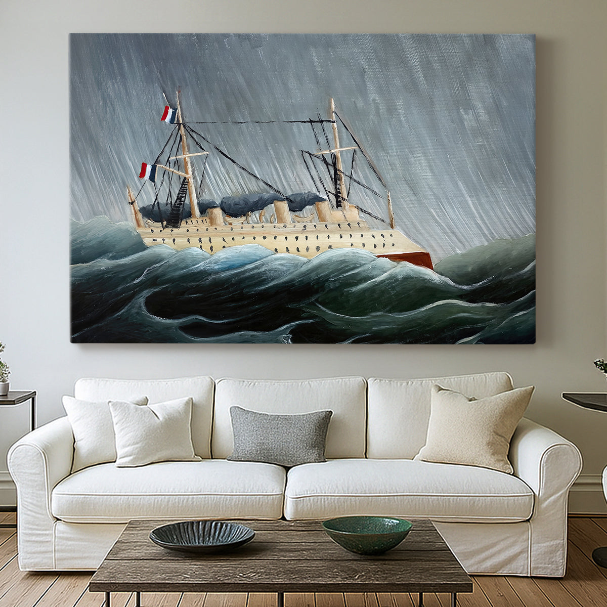 Canvas art print detailing an expressive ocean view with waves and storm clouds, centered above a sofa as a large focal wall piece
