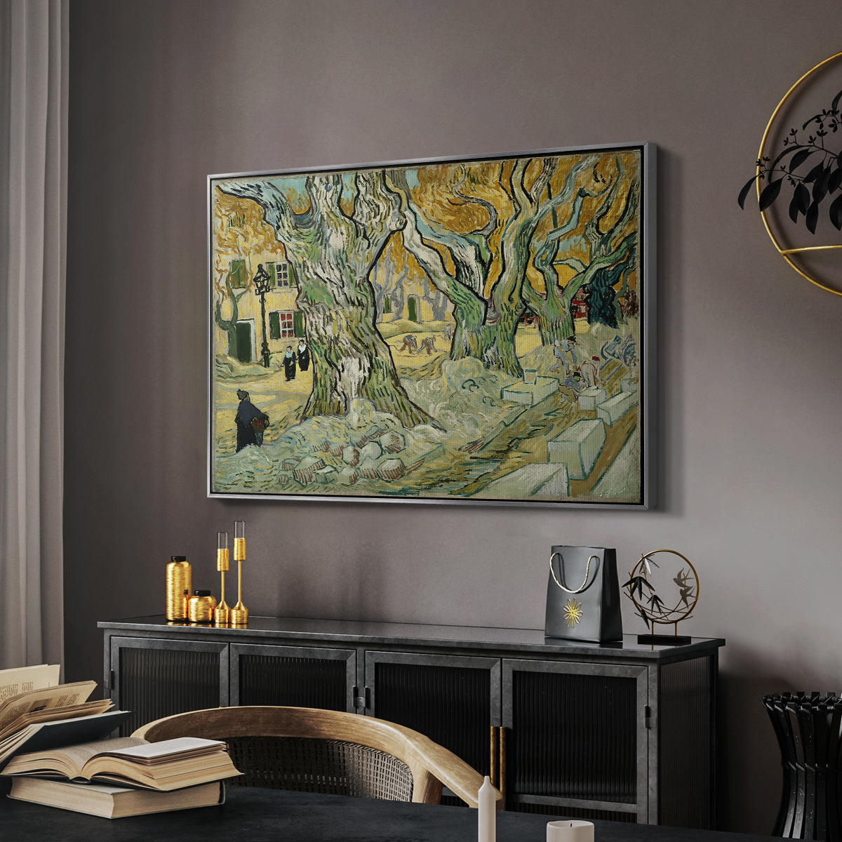 The Large Plane Trees (Road Menders at Saint-Rémy), 1889 - Floater Framed Canvas Print