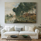 Canvas art print detailing a calm natural setting with understated tones, centered above a sofa as a large focal wall piece