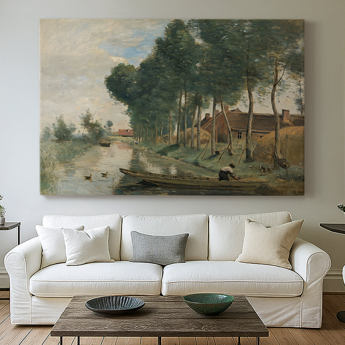 Canvas art print detailing a calm natural setting with understated tones, centered above a sofa as a large focal wall piece