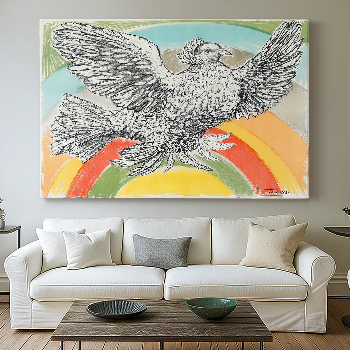 Canvas art print detailing a graphic depiction of bird with rainbow, centered above a sofa as a large focal wall piece
