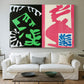 Canvas art print detailing an expressive collage with overlapping shapes and patterns, centered above a sofa as a large focal wall piece