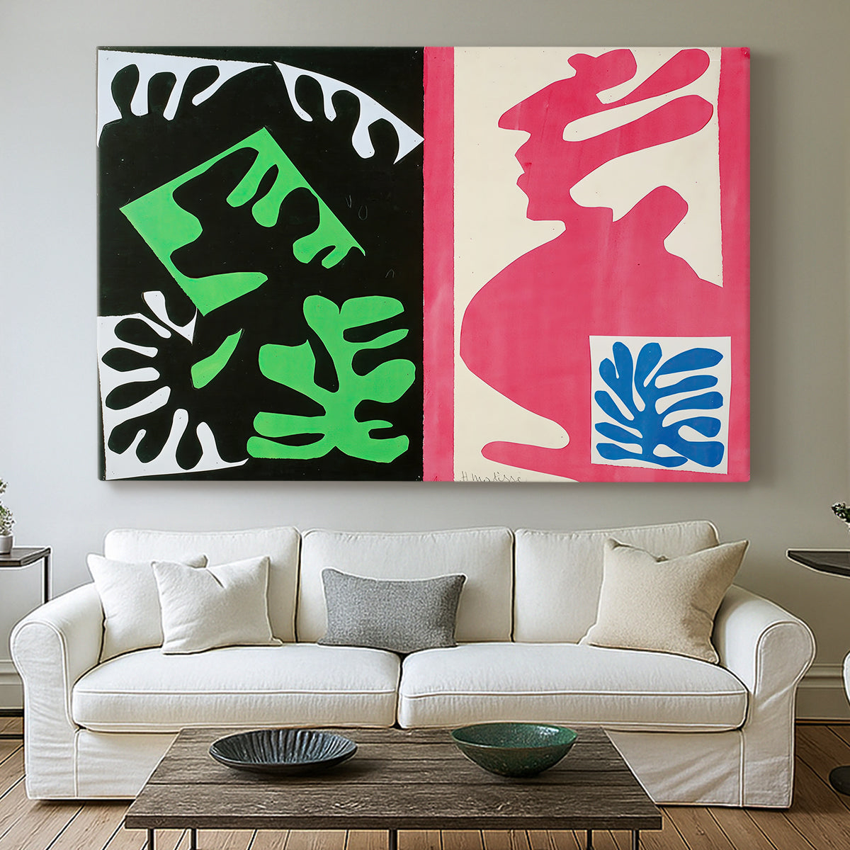 Canvas art print detailing an expressive collage with overlapping shapes and patterns, centered above a sofa as a large focal wall piece