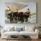 Canvas art print detailing an impressionist beach scene showing teamwork, centered above a sofa as a large focal wall piece