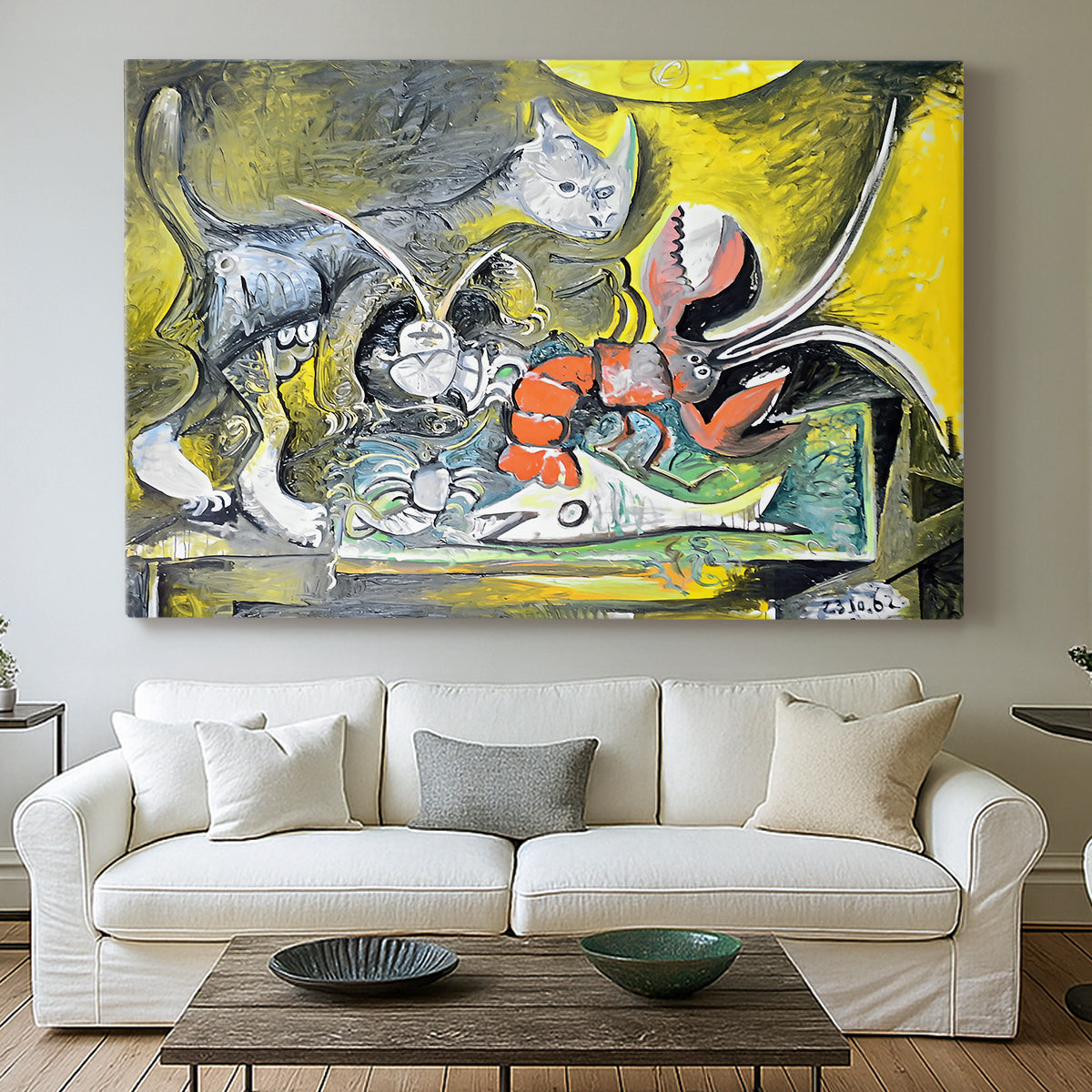 Canvas art print detailing a stylized still life with cat and seafood elements, centered above a sofa as a large focal wall piece