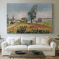Canvas art print detailing a tranquil outdoor view centered on a bridge in nature, centered above a sofa as a large focal wall piece