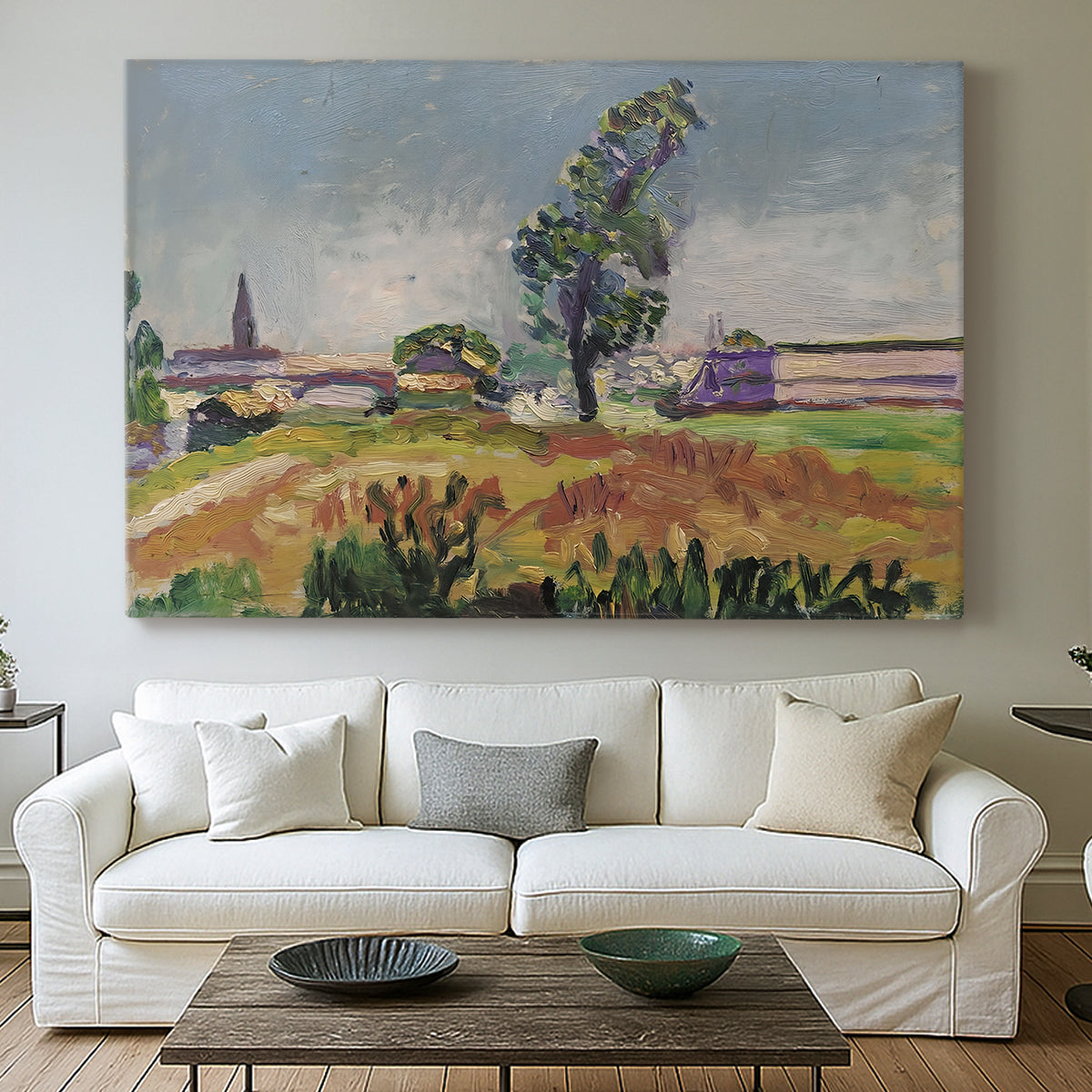 Canvas art print detailing a tranquil outdoor view centered on a bridge in nature, centered above a sofa as a large focal wall piece
