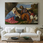 Canvas art print detailing a Renaissance countryside scene with holy family and visitor, centered above a sofa as a large focal wall piece