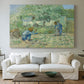 Canvas art print detailing a pastoral composition showing early childhood moment, centered above a sofa as a large focal wall piece