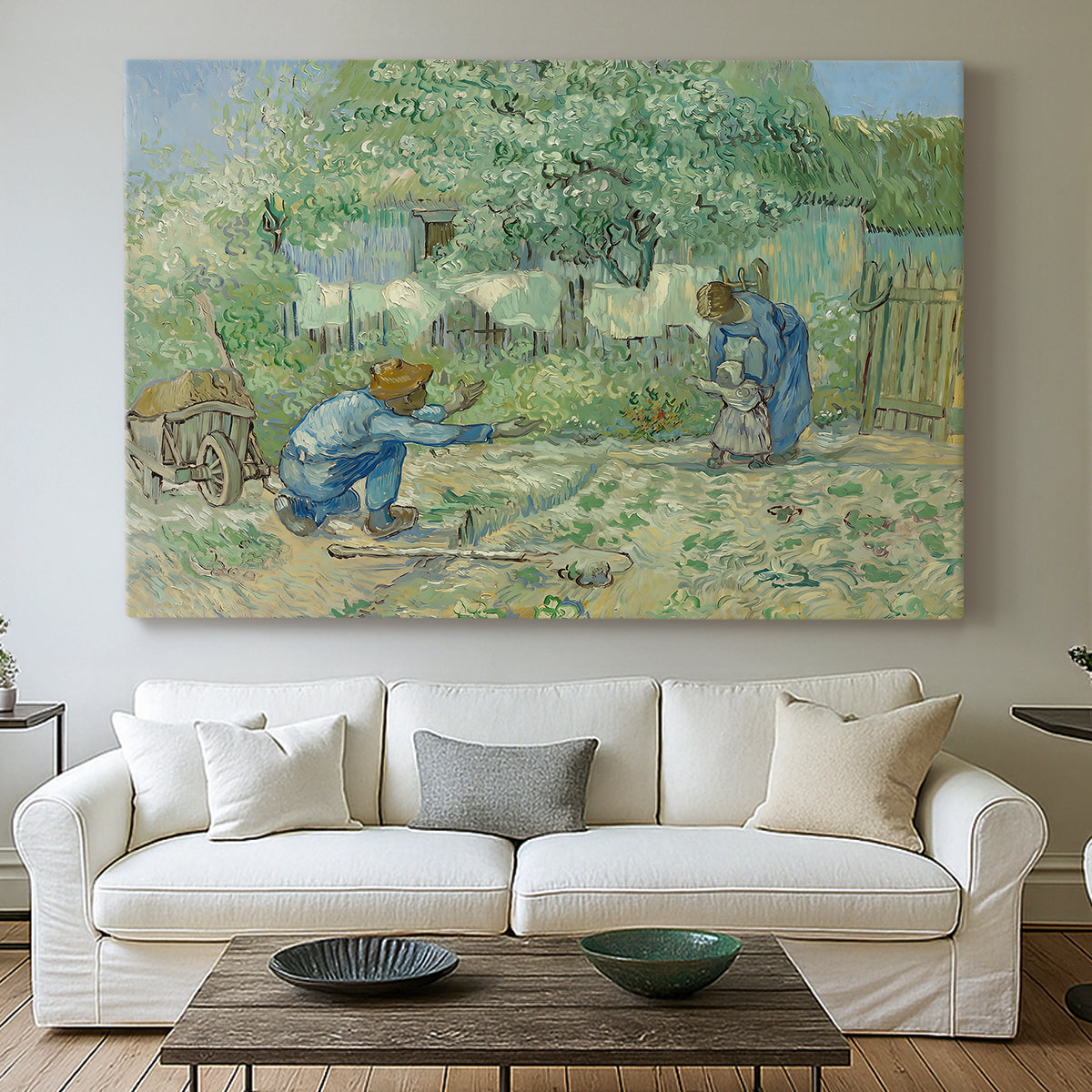 Canvas art print detailing a pastoral composition showing early childhood moment, centered above a sofa as a large focal wall piece