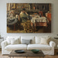 Canvas art print detailing an everyday life scene centered around communal meal, centered above a sofa as a large focal wall piece