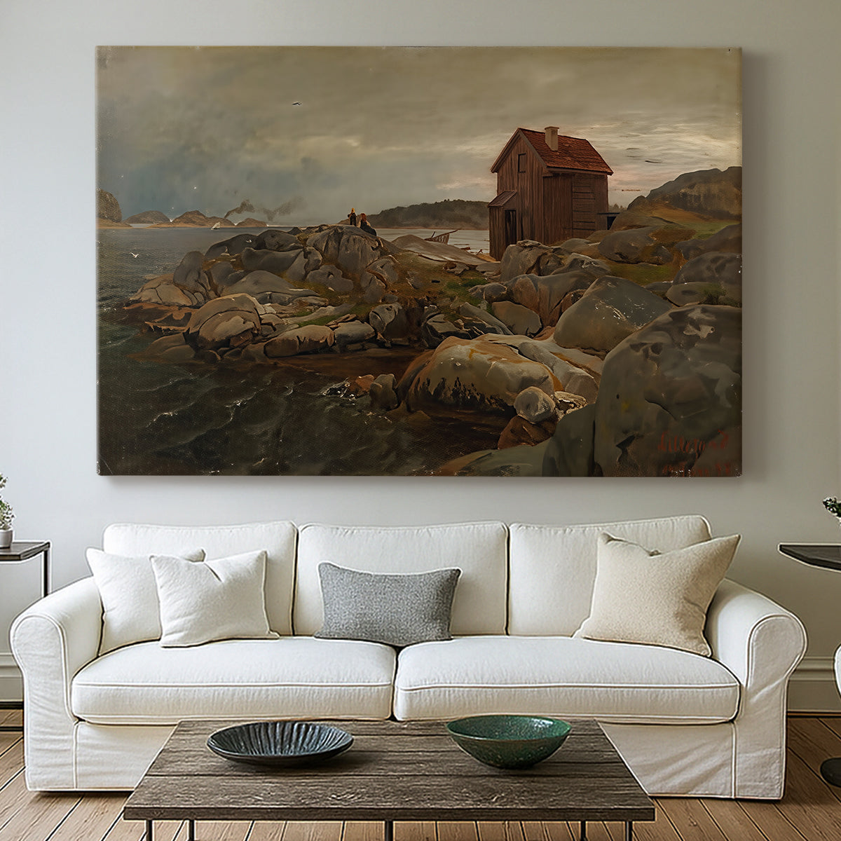 Canvas art print detailing a peaceful harbor setting with architecture and boats, centered above a sofa as a large focal wall piece