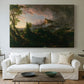 Canvas art print detailing a depiction of nature-dominated world before development, centered above a sofa as a large focal wall piece
