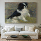 Canvas art print detailing an animal portrait of a dog in natural outdoor setting with soft light, centered above a sofa as a large focal wall piece