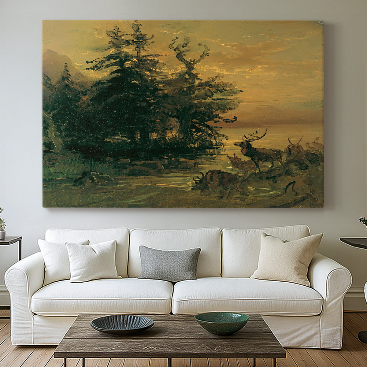 Canvas art print detailing a natural habitat depiction, centered above a sofa as a large focal wall piece