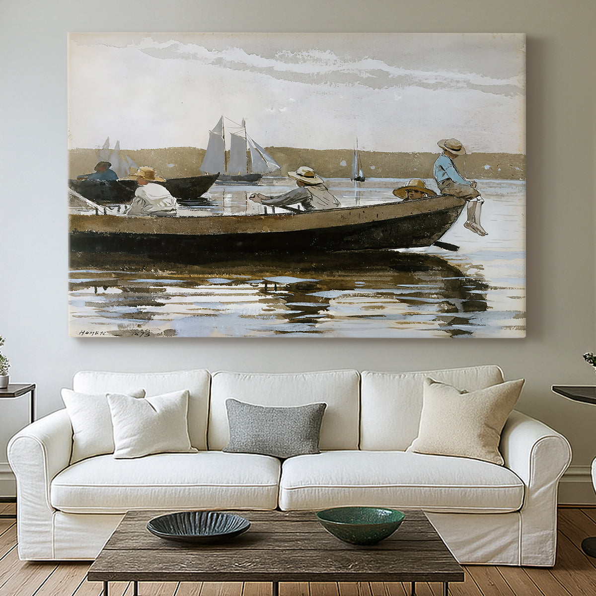 Canvas art print detailing a quiet boating scene with figures centered in frame, centered above a sofa as a large focal wall piece