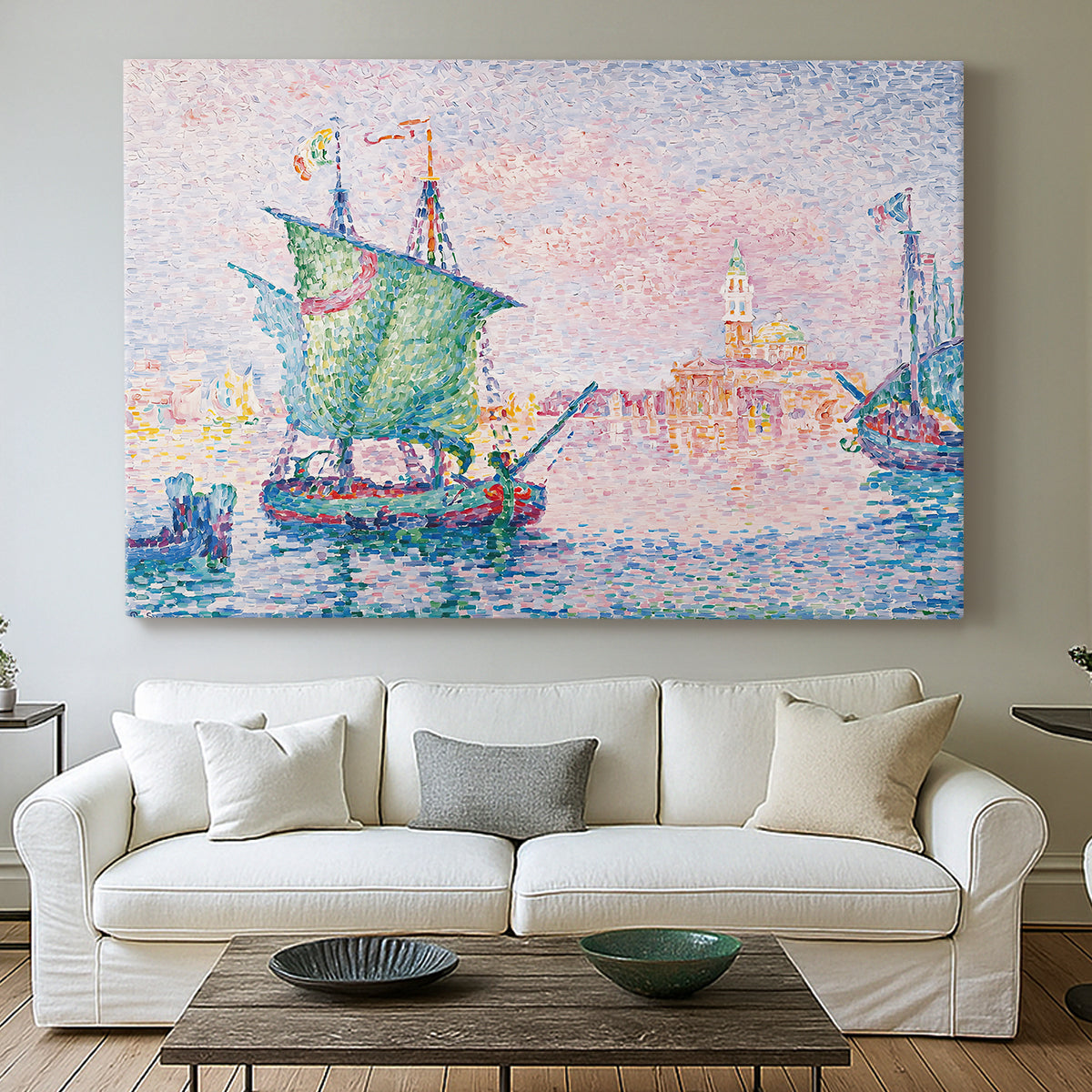 Canvas art print detailing a maritime skyline composition, centered above a sofa as a large focal wall piece