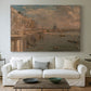 Canvas art print detailing a composition featuring bridge and buildings, centered above a sofa as a large focal wall piece