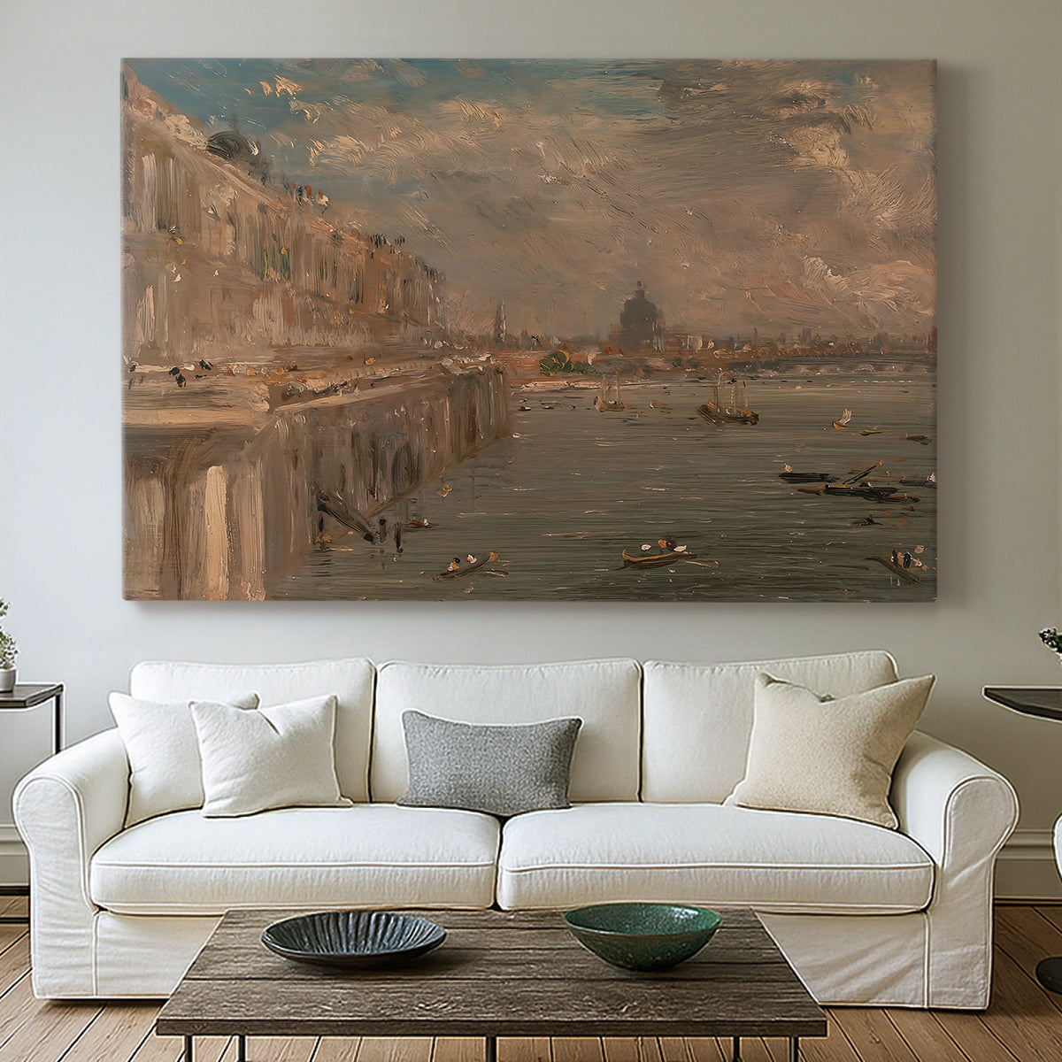 Canvas art print detailing a composition featuring bridge and buildings, centered above a sofa as a large focal wall piece